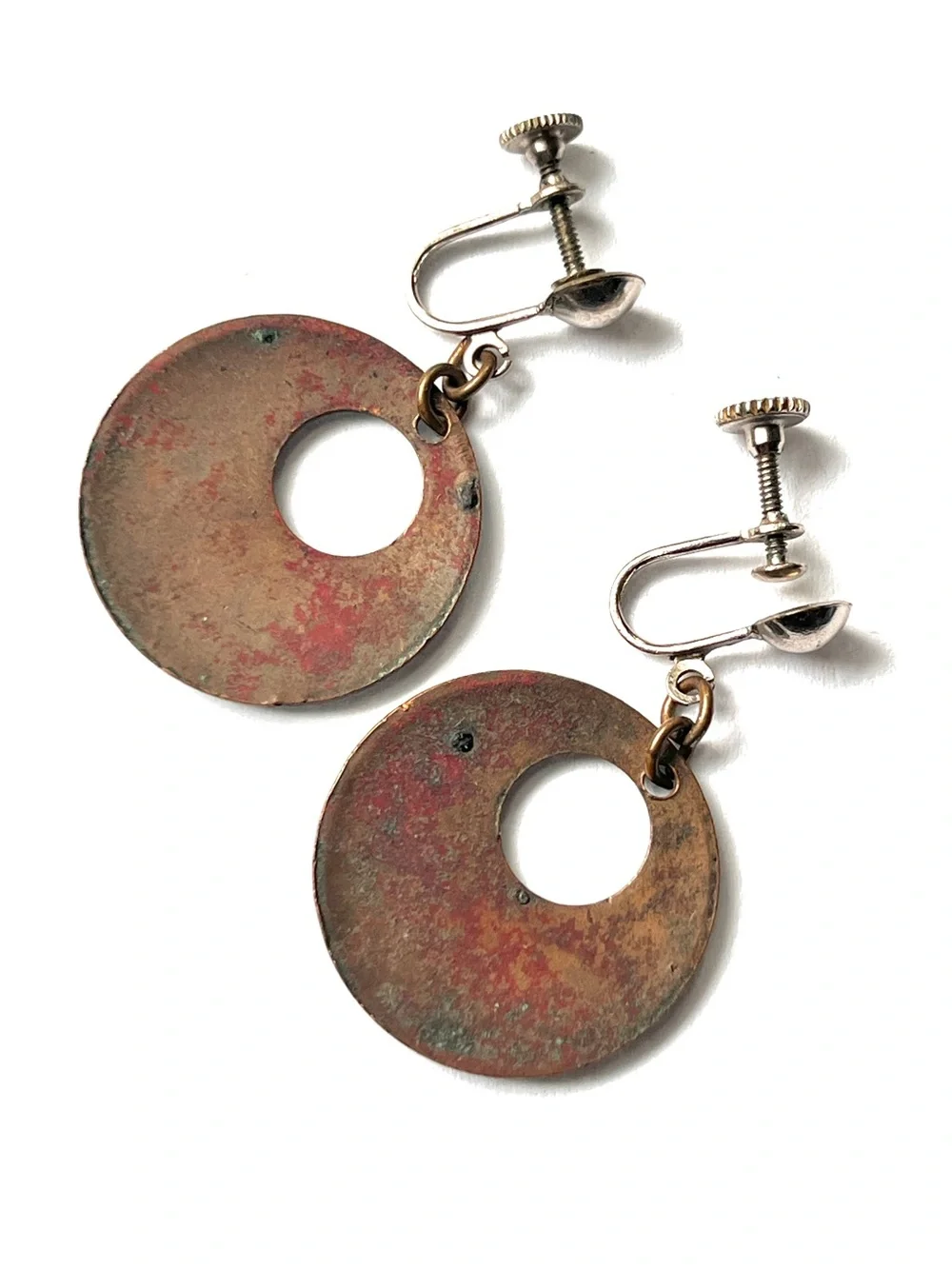 Vintage Earrings Turquoise Enamel Copper Squiggly Gray/Aqua Round Dangle Hoop
